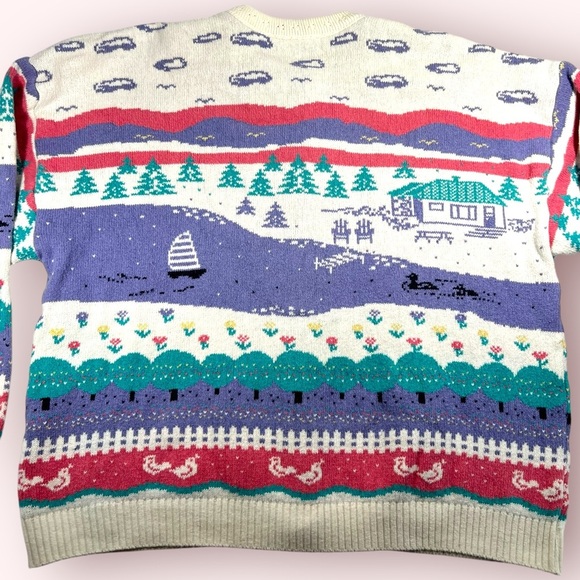 Vintage 90s Northern Reflections Pink Purple Duck Lake Nature Scene Cardigan XL - Picture 3 of 11